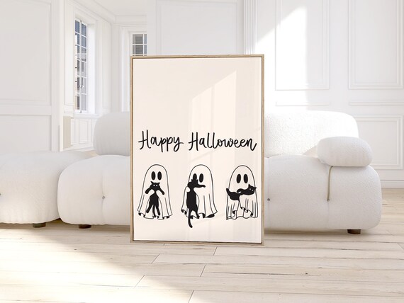 Cute With Black Cat Halloween Print Happy Poster White Seasonal Fall Decor Funny Lover