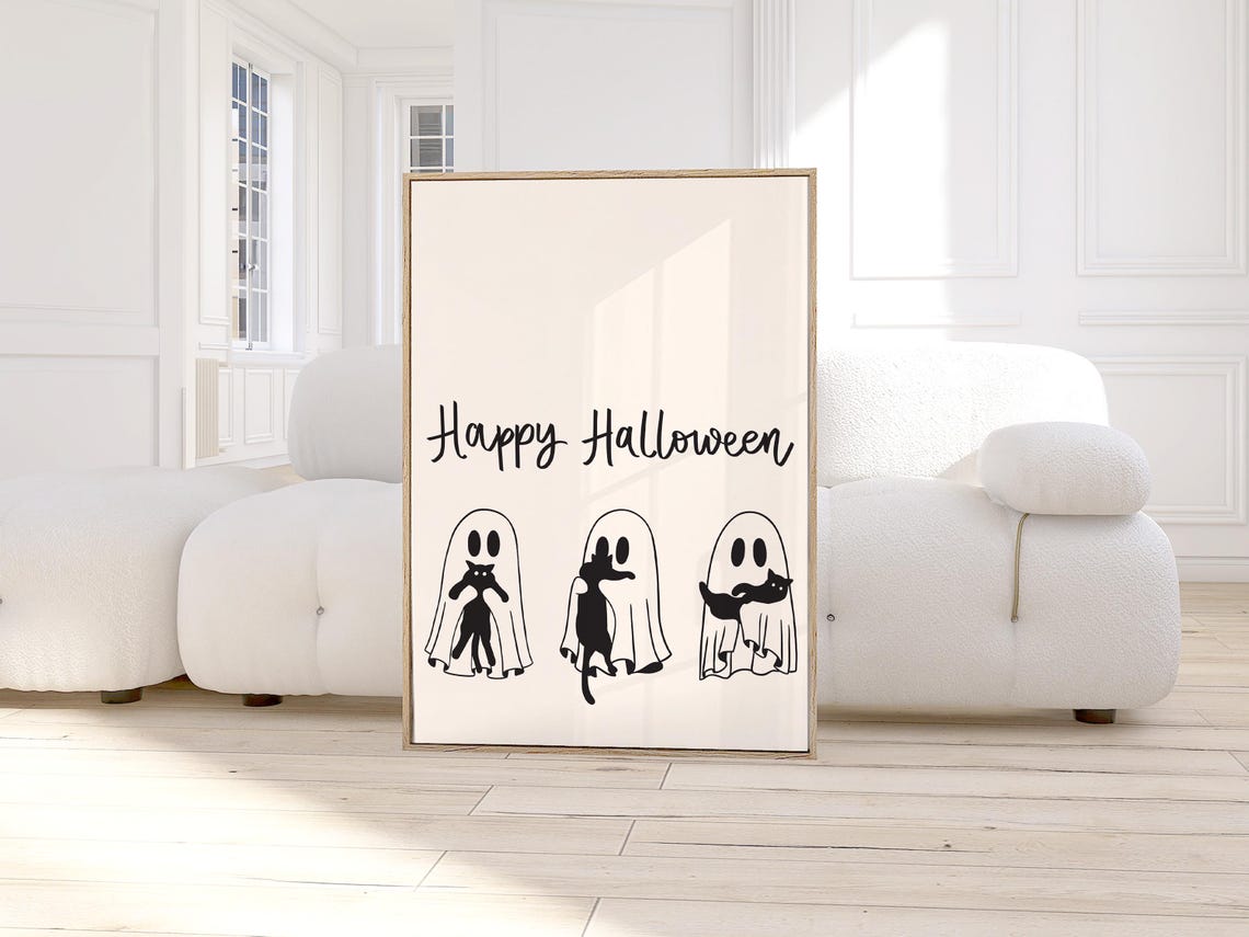 Happy Halloween Cute Ghosts Black Cats Minimalist Poster Art