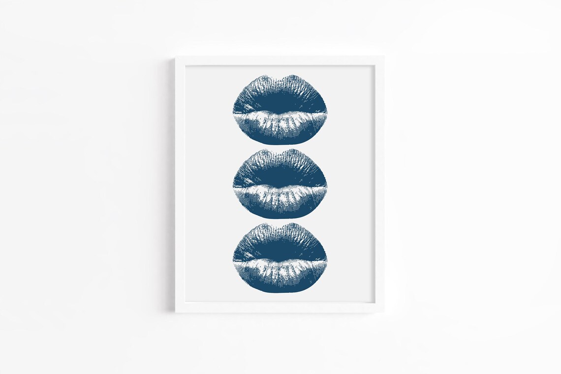 Navy Blue Kiss Lipstick Prints Trio Modern Pop Art Wall Poster