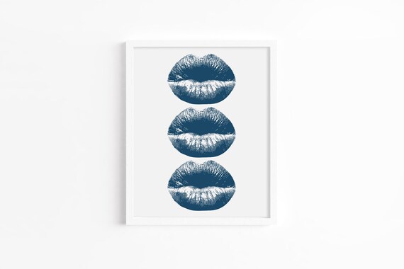 Navy Blue Kiss Lipstick Prints Trio Modern Pop Art Wall Poster