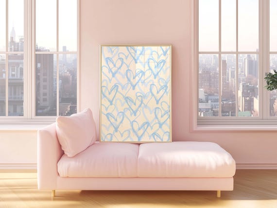 Blue Graffiti Hearts Print Trendy Wall Art Girly Dorm Room Decor Apartment Abstract Poster