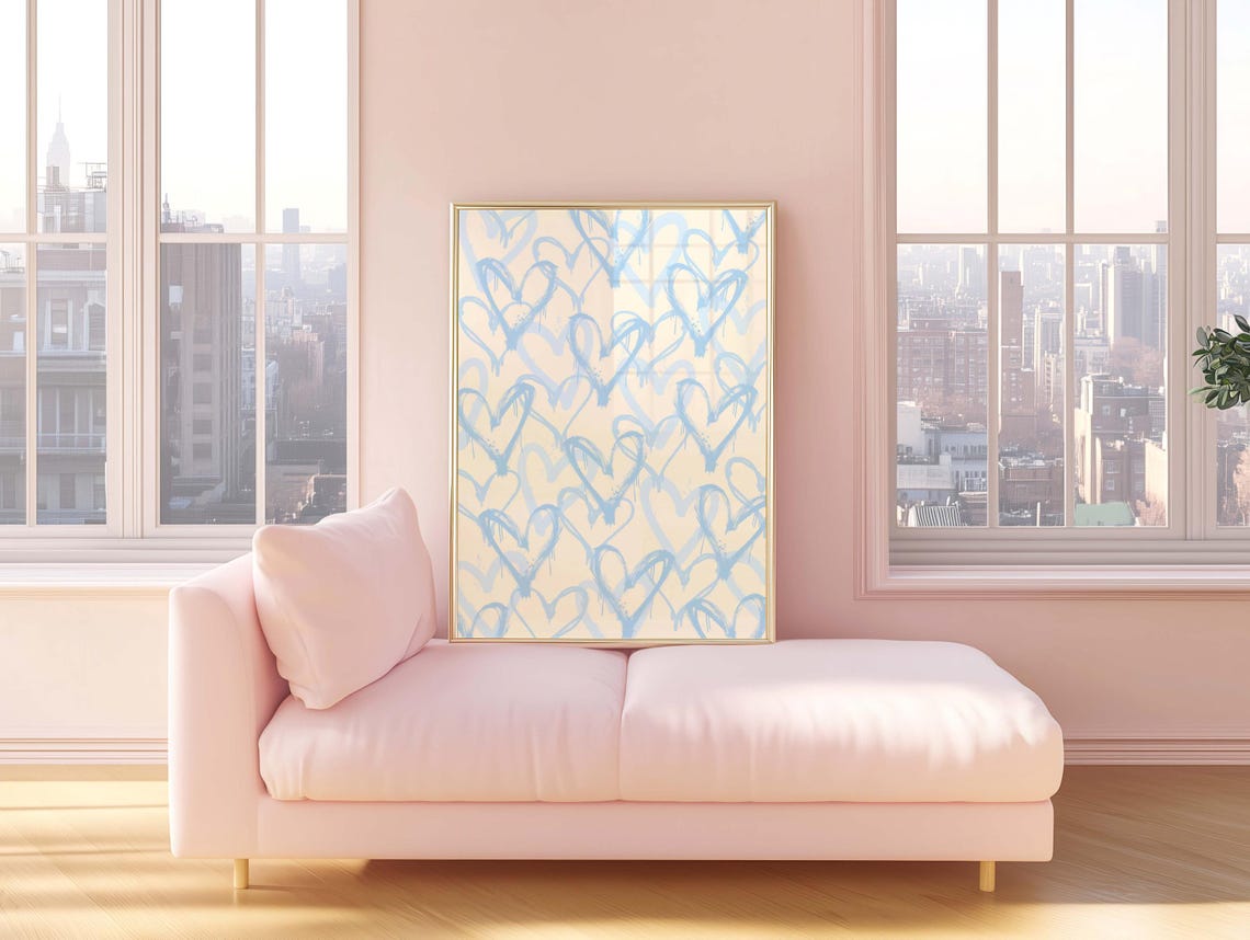 Blue Graffiti Hearts Print Trendy Wall Art Girly Dorm Room Decor Apartment Abstract Poster