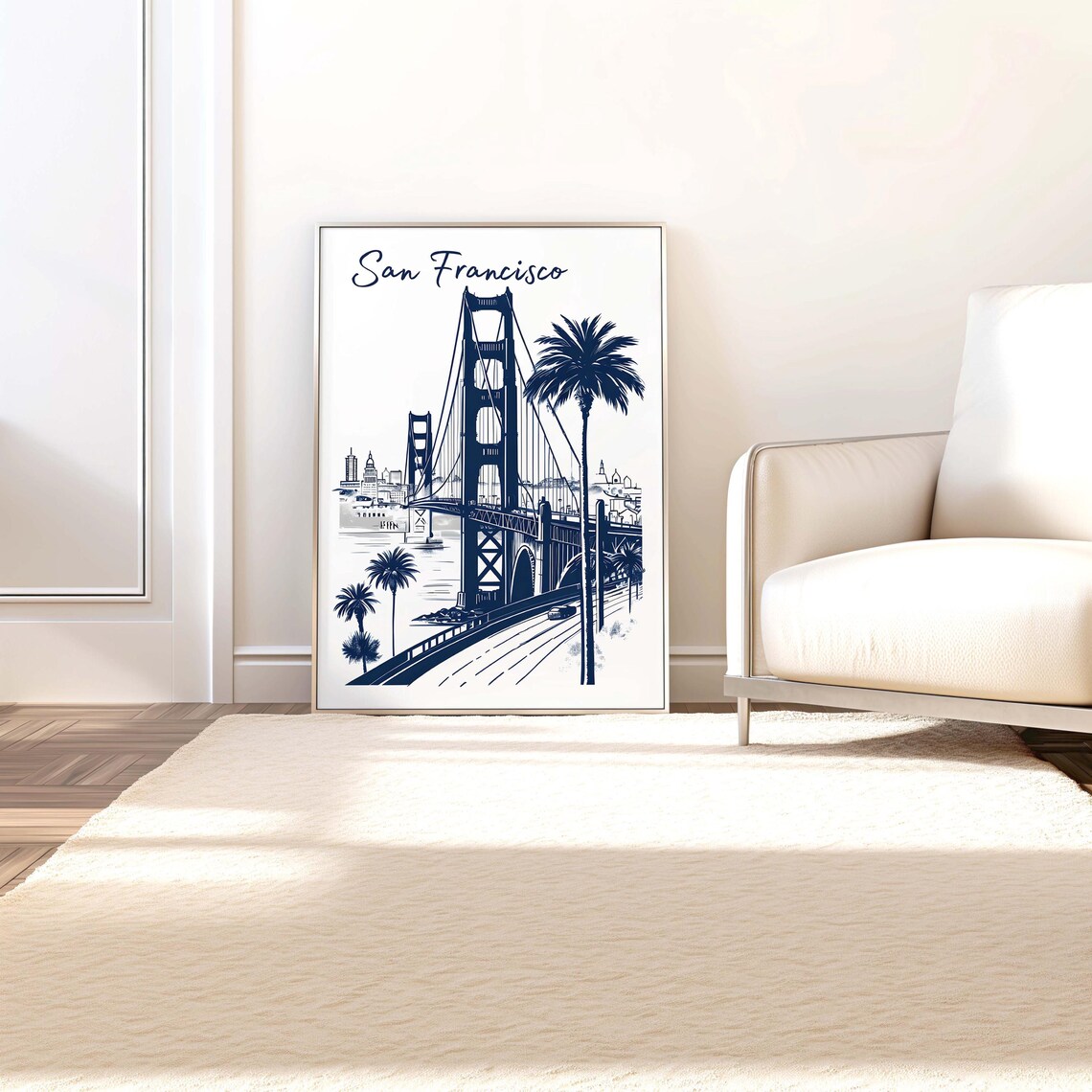 San Francisco Golden Gate Bridge Navy Line Art Skyline Poster