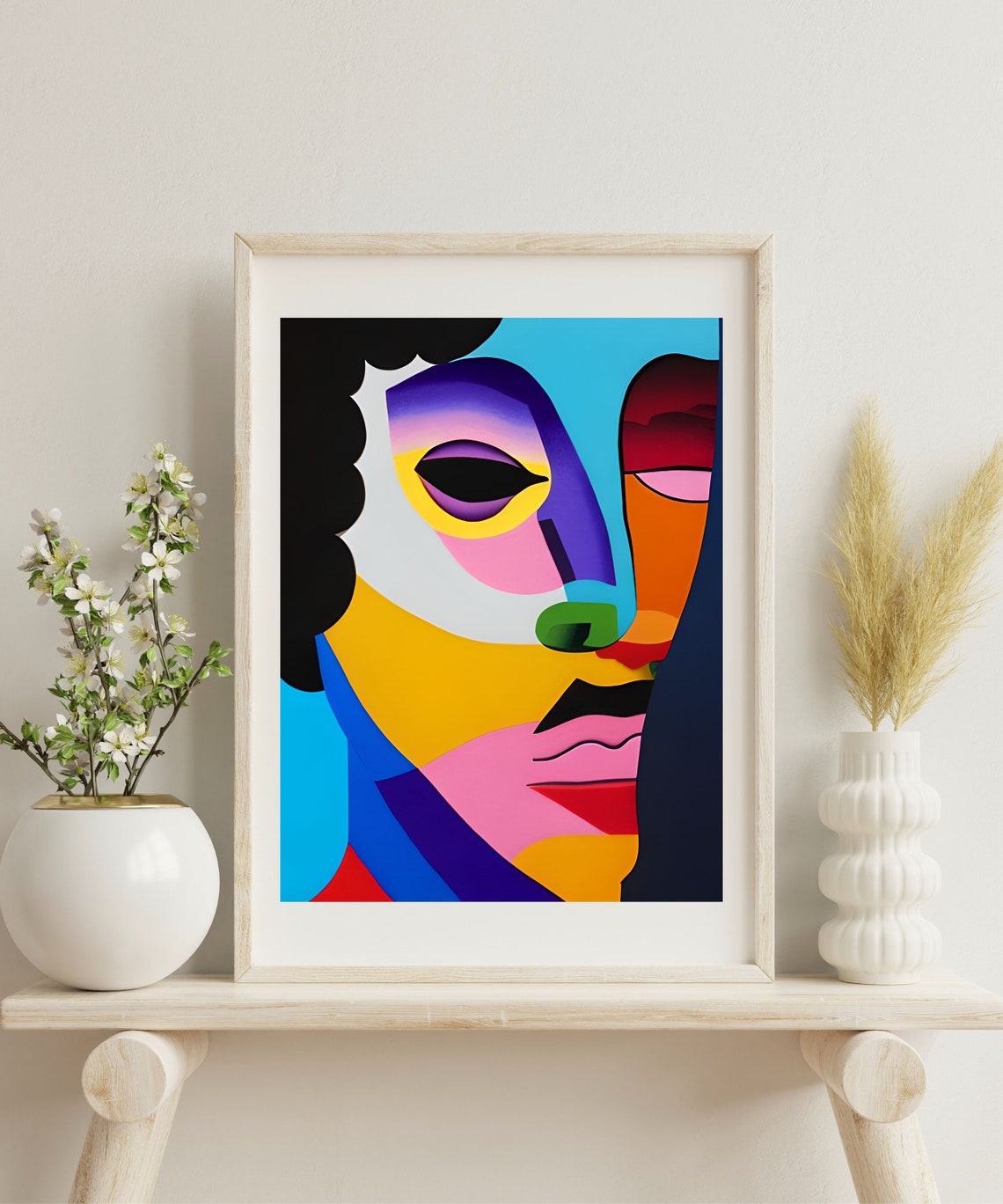 Gustav Bold Cubist Face Flat Color Blocks Modern Abstract Art Print