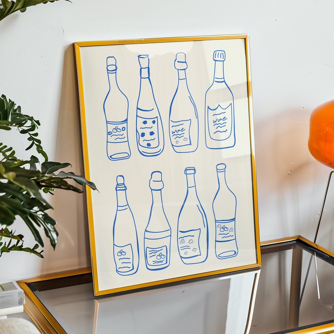 Blue Line Art Wine Bottles Minimalist Kitchen Bar Wall Poster