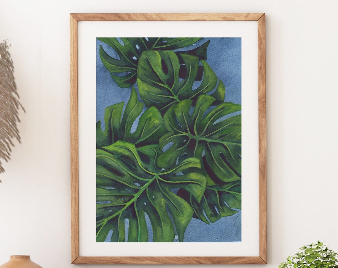 Monstera Deliciosa Leaves Watercolor on a Soft Blue Background Poster