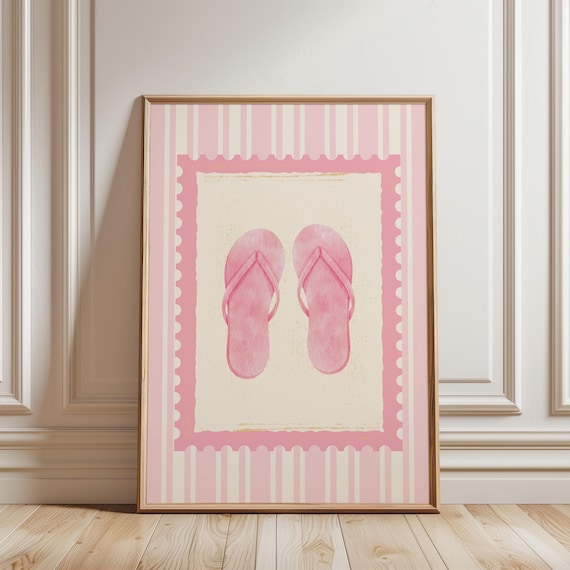 Pink Flip Flops Pair Summer Beach Coastal Watercolor Art Print