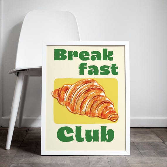 Physical Poster Croissant Breakfast Club Retro Food Wall Art In Green Yellow Beige Trendy Kitchen Decor Colorful Prints For Home