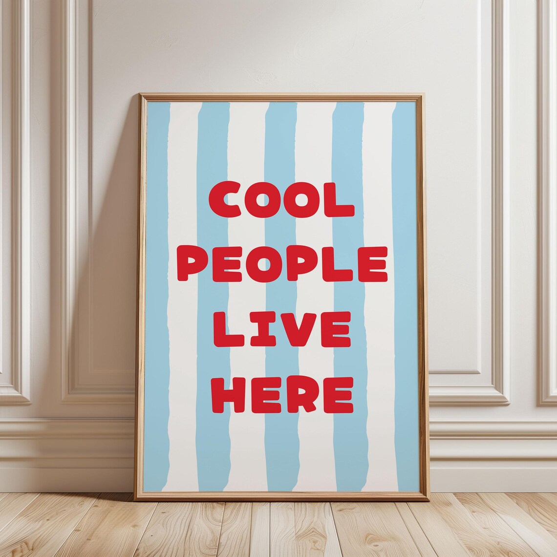Physical Poster Cool People Live Here Pastel Blue Red Stripe Line Pattern Funny Quote Typography For Girly Bedroom Decor