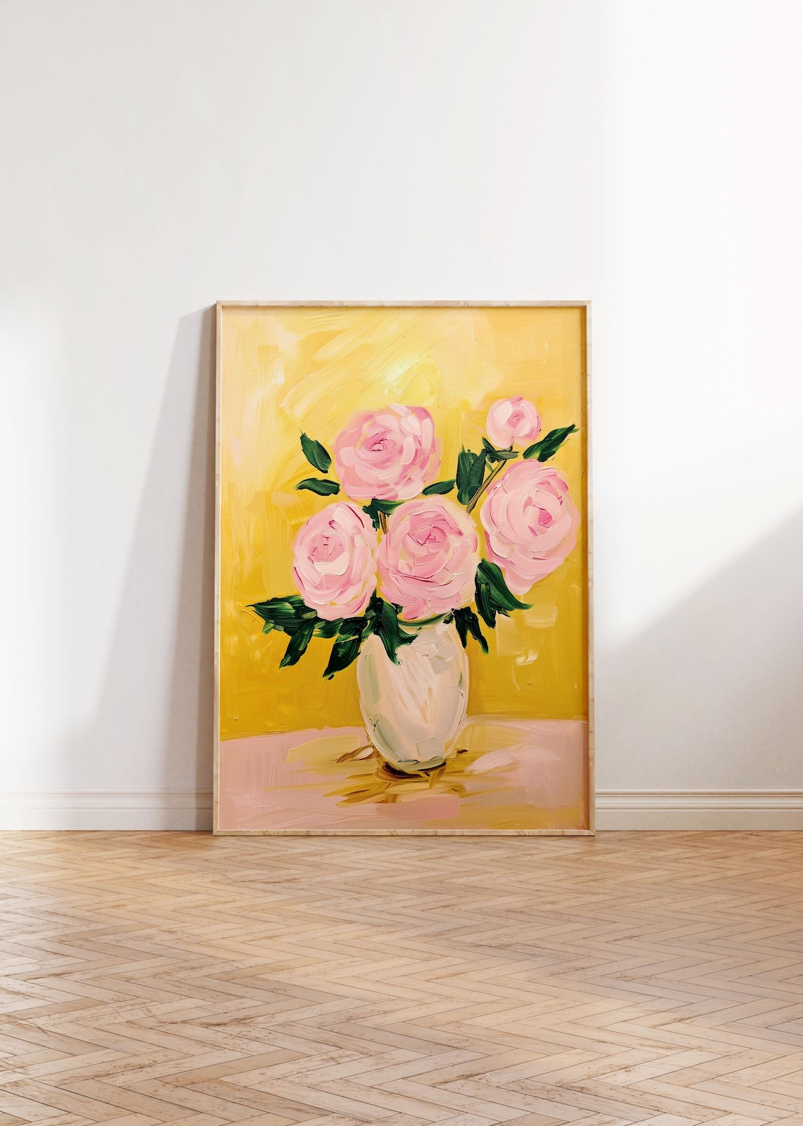 Pink Roses in Vase Yellow Background Midcentury Floral Art Poster