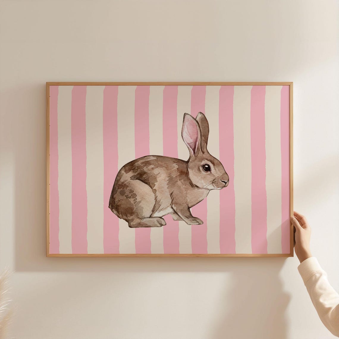 Brown Rabbit on Pink Stripes Nursery Watercolor Animal Poster