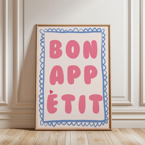 Pastel Cute Bon Appetit Kitchen Wall Art Pink Blue Decor For Home