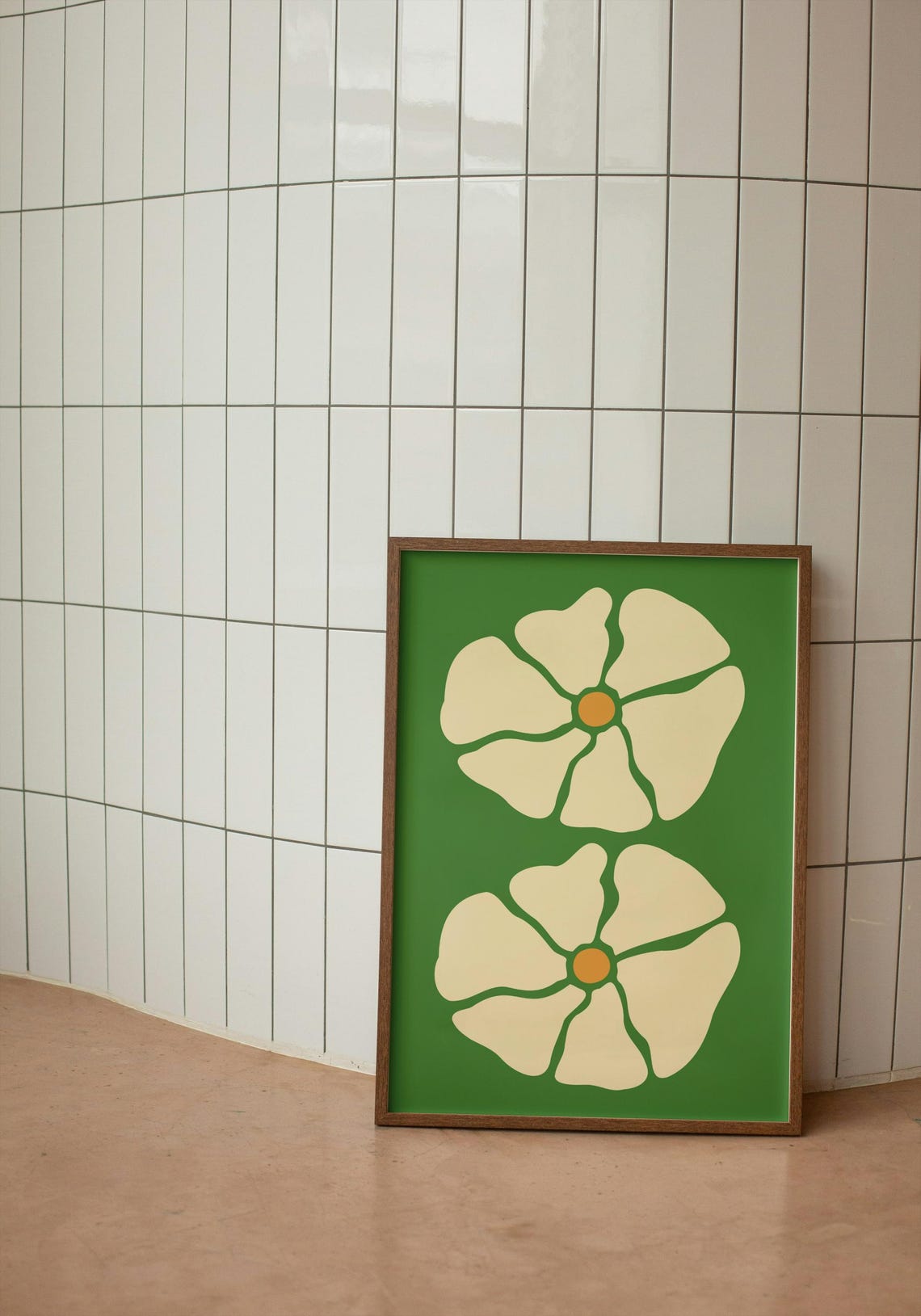 Midcentury Wavy Cream Flower Pair on Deep Green Retro Wall Art