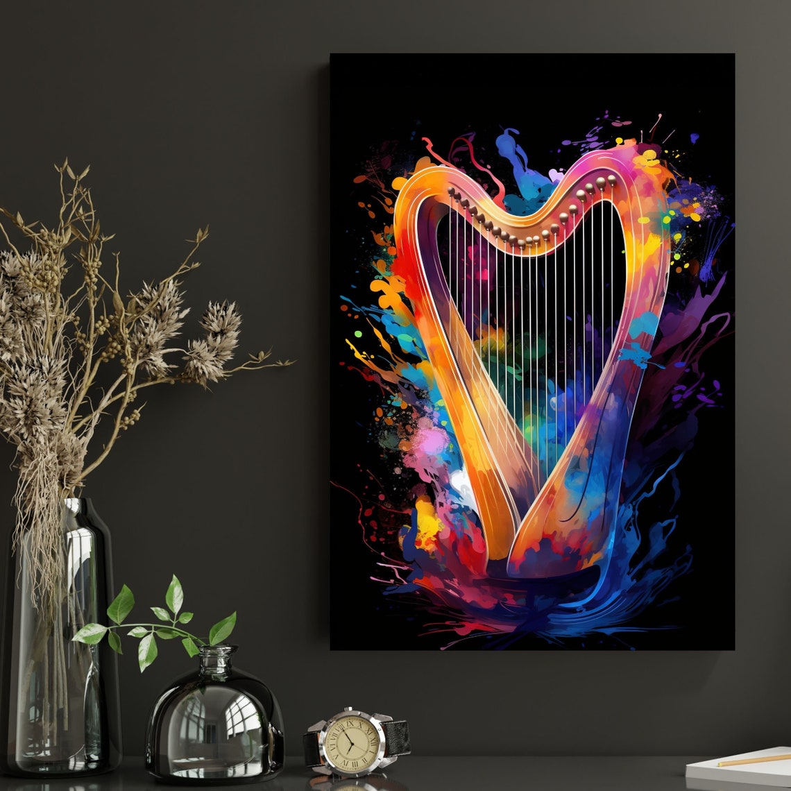 Colorful Harp Curve Watercolor Splash Black Background Music Poster - Image 3