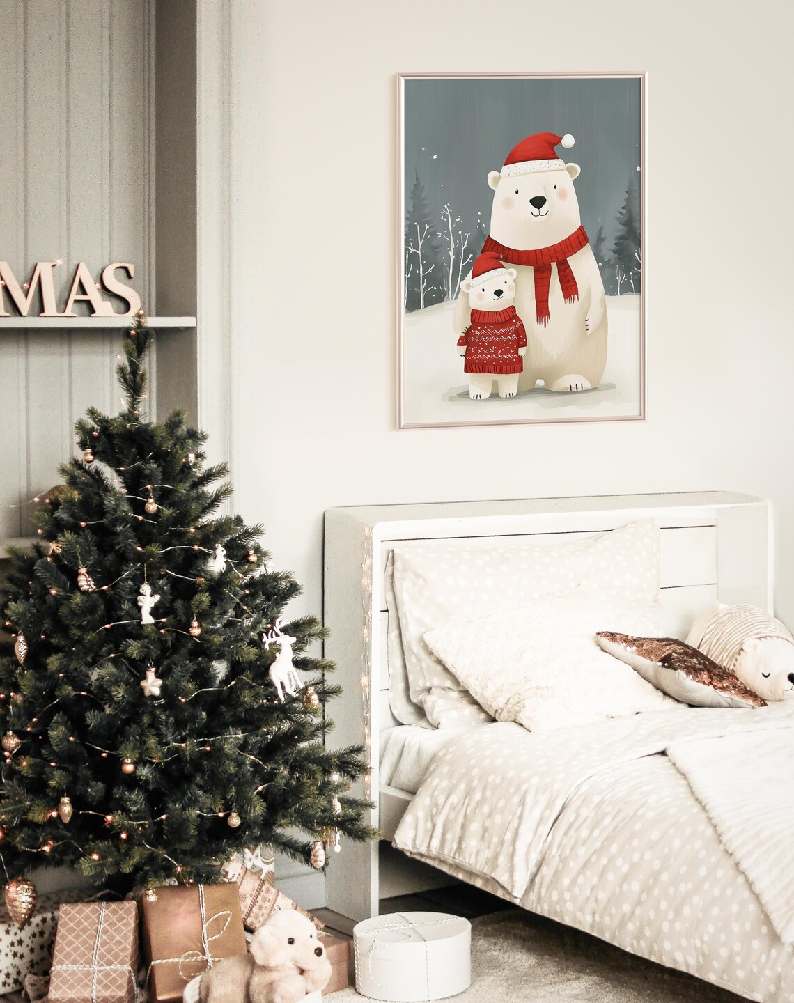 Polar Bears Santa Hats Red Scarves Snowy Forest Christmas Poster - Image 4