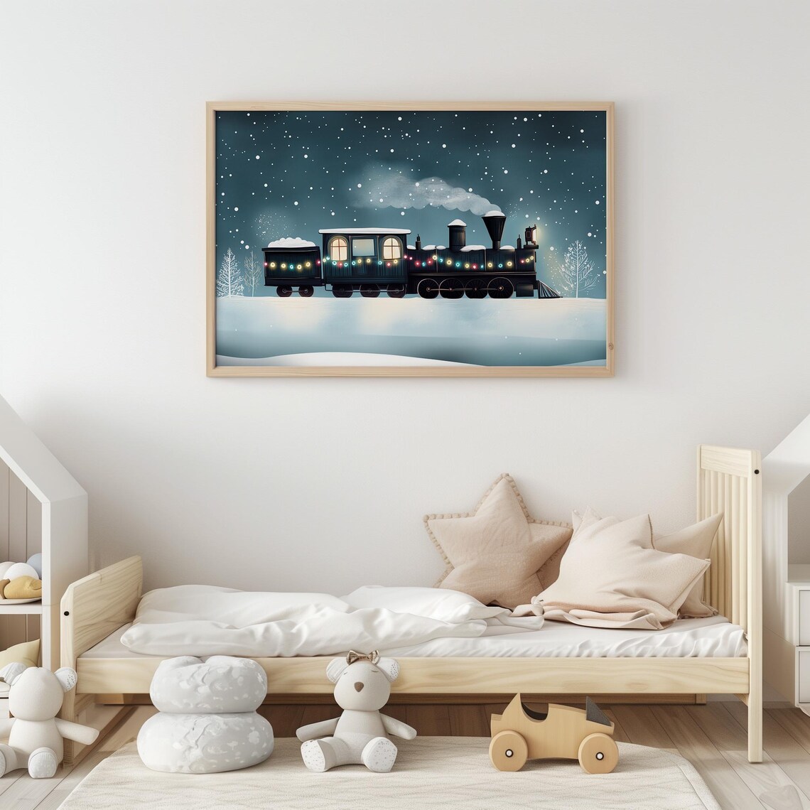 Christmas Steam Train Colorful Lights Snowy Night Watercolor Poster - Image 4