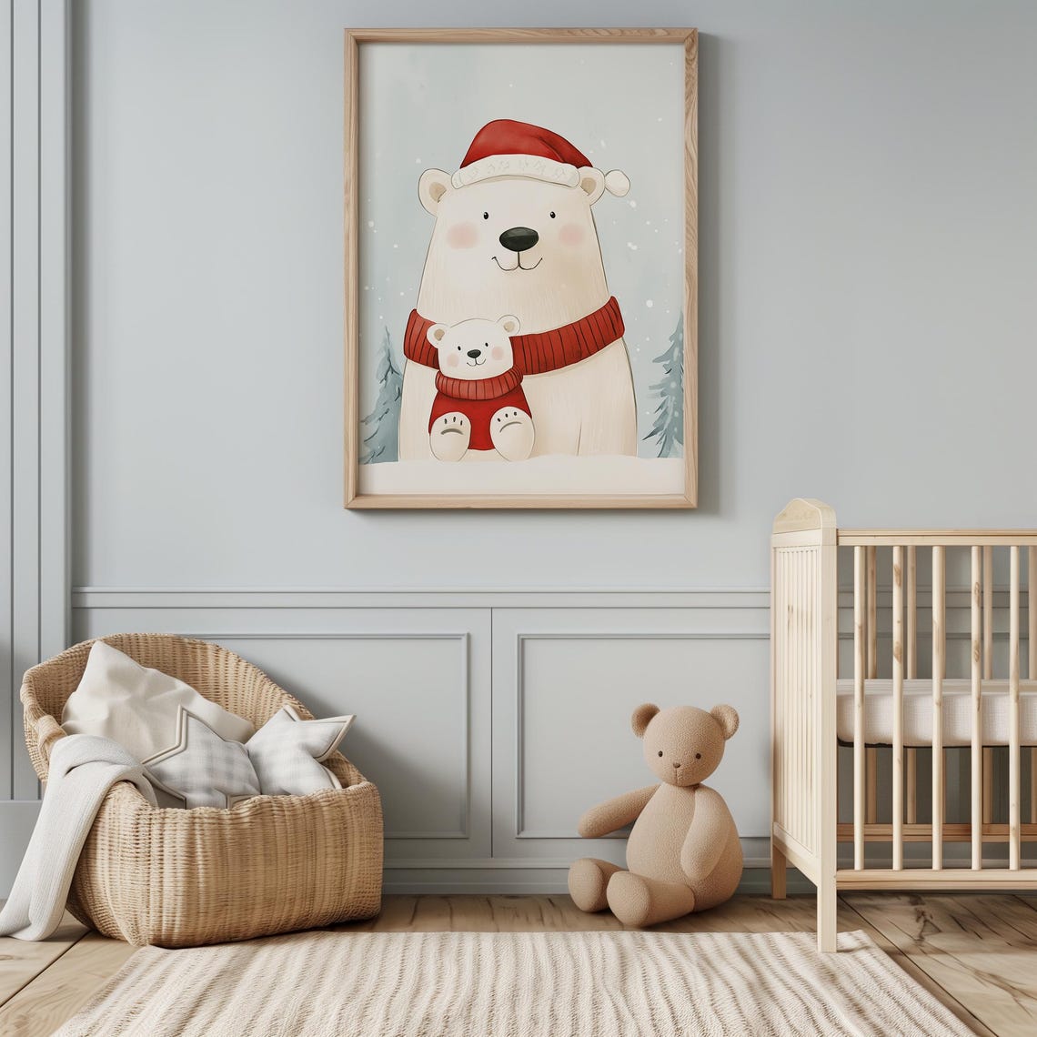 Polar Bear Santa Hat Baby Cub Red Sweater Winter Nursery Poster - Image 3