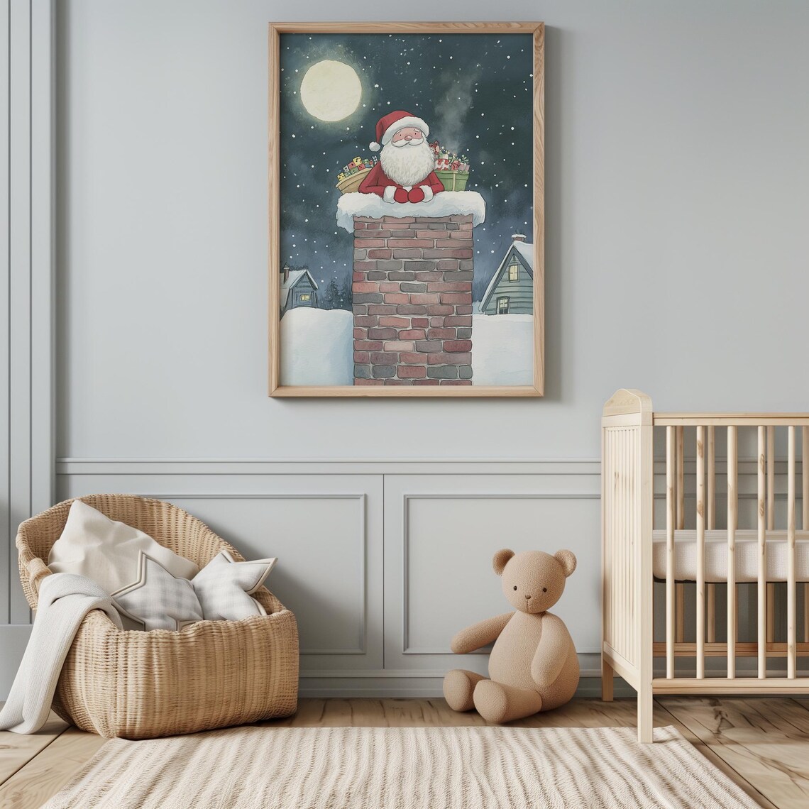 Santa Claus Snowy Chimney Full Moon Village Christmas Poster - Image 4