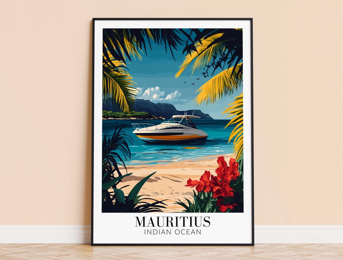 Mauritius Indian Ocean Beach Poster with Yacht and Palm Trees