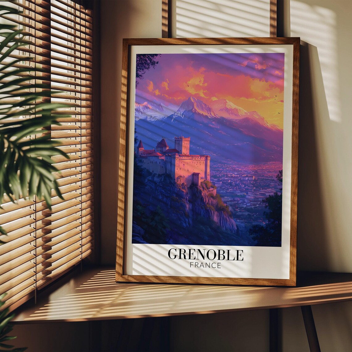 Grenoble Fortress on Hilltop at Purple Dusk Over City Poster - Image 3
