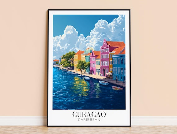 Curacao Caribbean Colorful Waterfront Colonial Houses Travel Poster