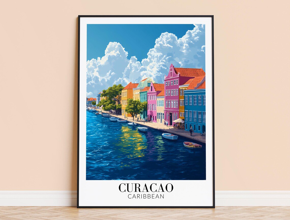 Curacao Caribbean Colorful Waterfront Colonial Houses Travel Poster
