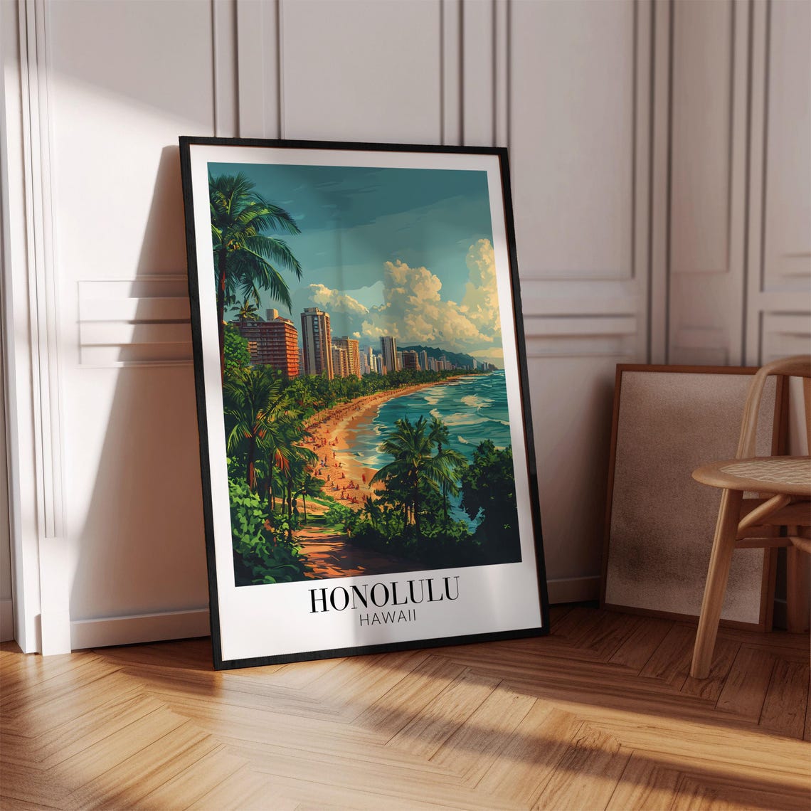 Honolulu Hawaii Waikiki Beach Poster with Palm Trees and Skyline View - Image 2