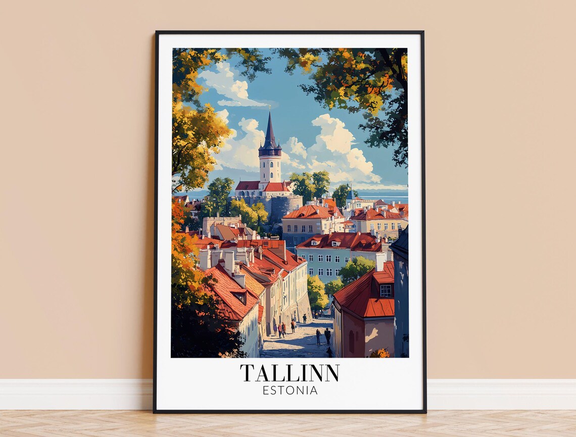 Tallinn Estonia Historic Old Town Street Church Spire Travel Poster
