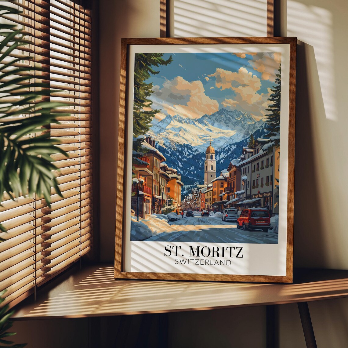 St Moritz Snowy Alpine Main Street Church Winter Travel Poster - Image 3