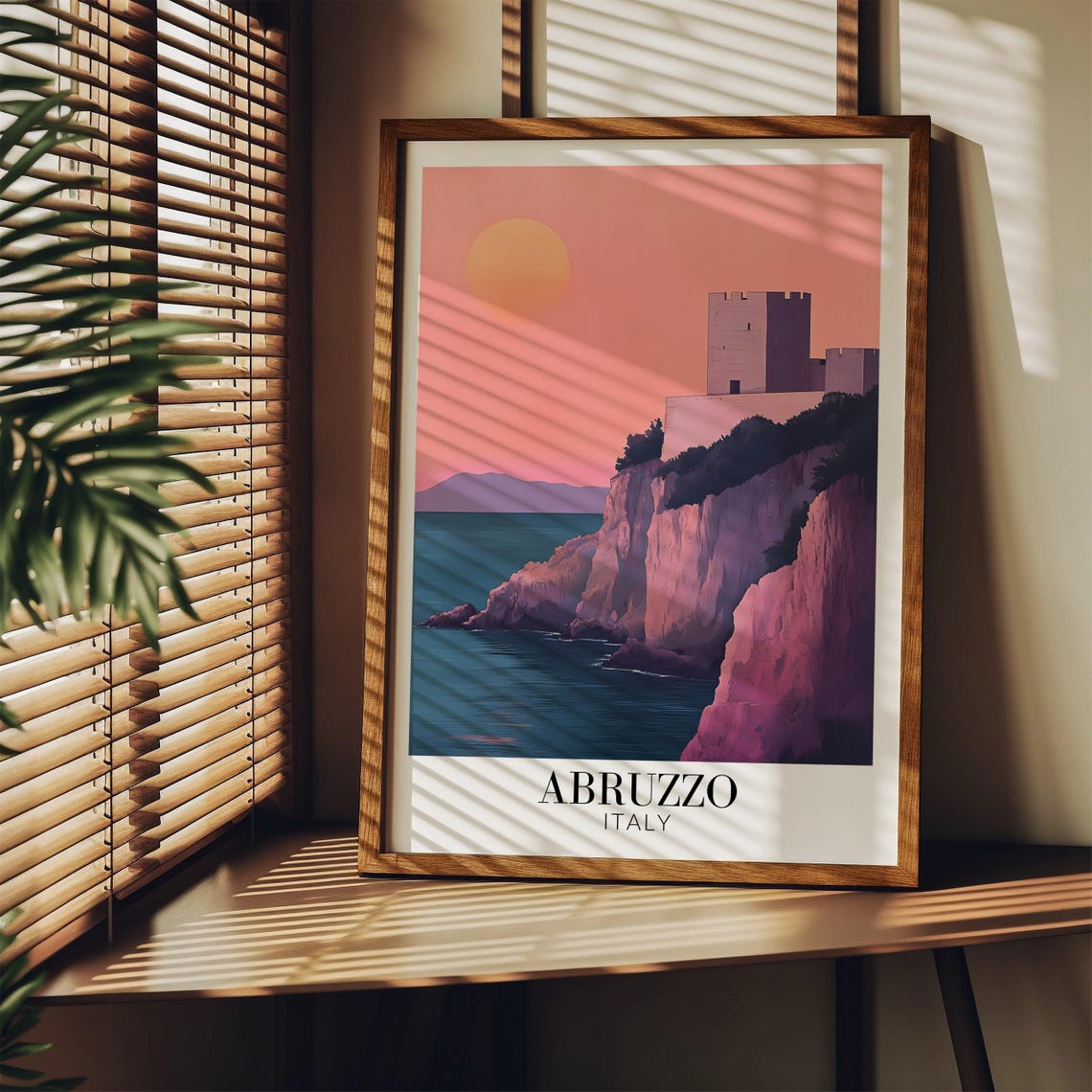 Abruzzo Coastal Cliff Castle Rosy Pink Sunset Glow Travel Poster - Image 3