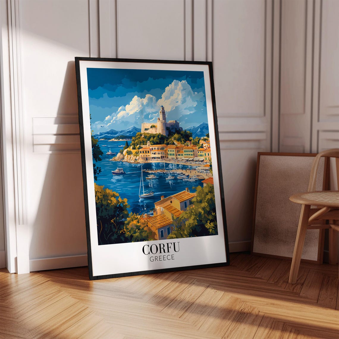 Corfu Greece Harbor Town Castle Boats Bright Blue Day Travel Poster - Image 2