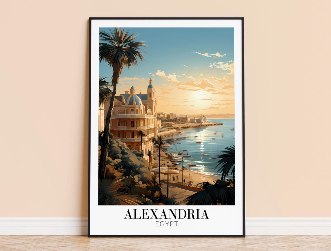 Alexandria Egypt Sunset Beachfront Landmark Travel Poster Artwork