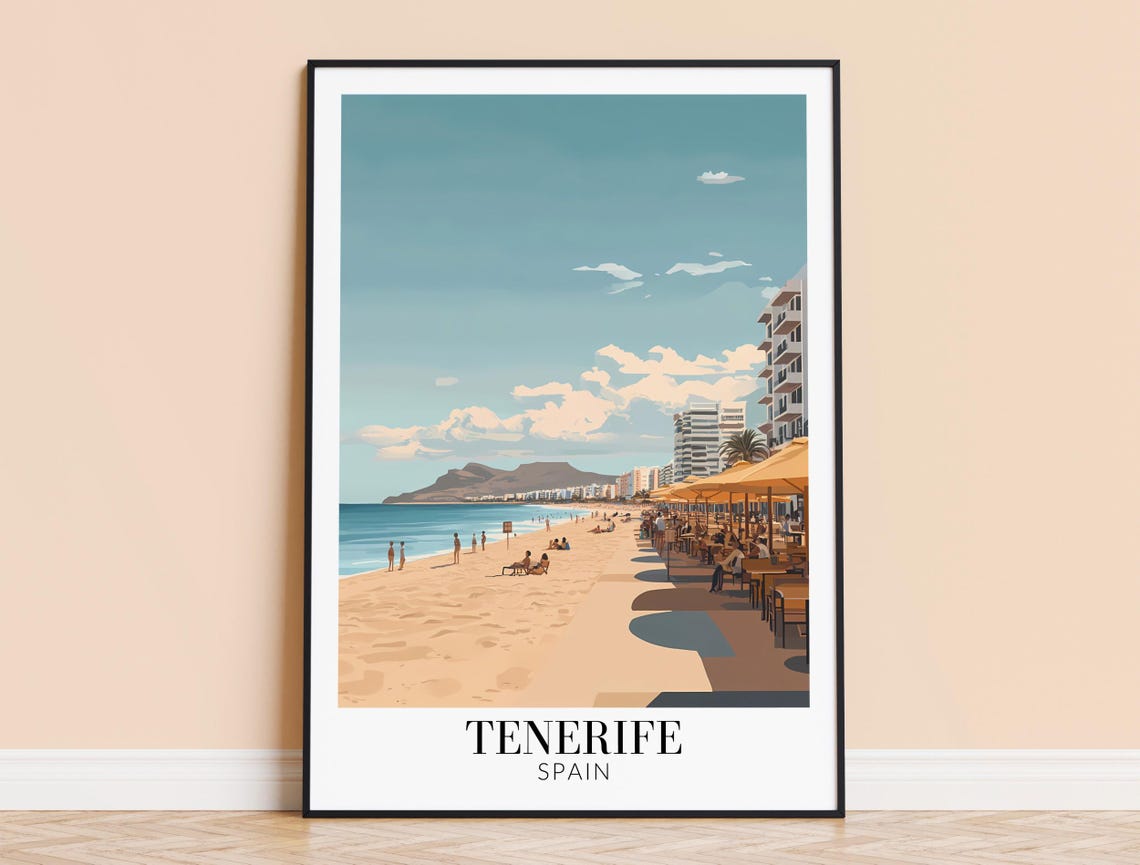 Tenerife Spain Tranquil Beach Promenade Poster With Golden Umbrellas