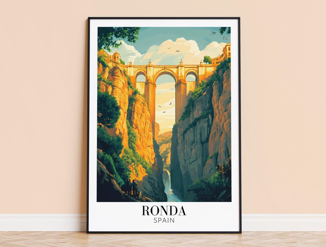 Ronda Spain Sunset View Over Puente Nuevo Gorge Travel Poster