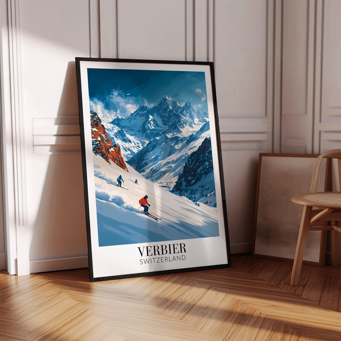 Verbier Switzerland Skiers on Sunny Alpine Slope Travel Poster - Image 4