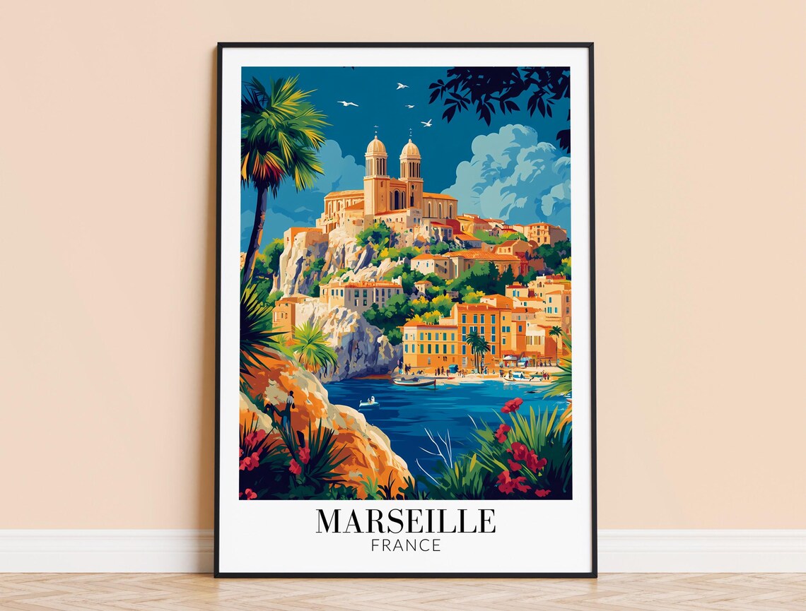 Marseille France Hilltop Basilica Harbor Night View Travel Poster