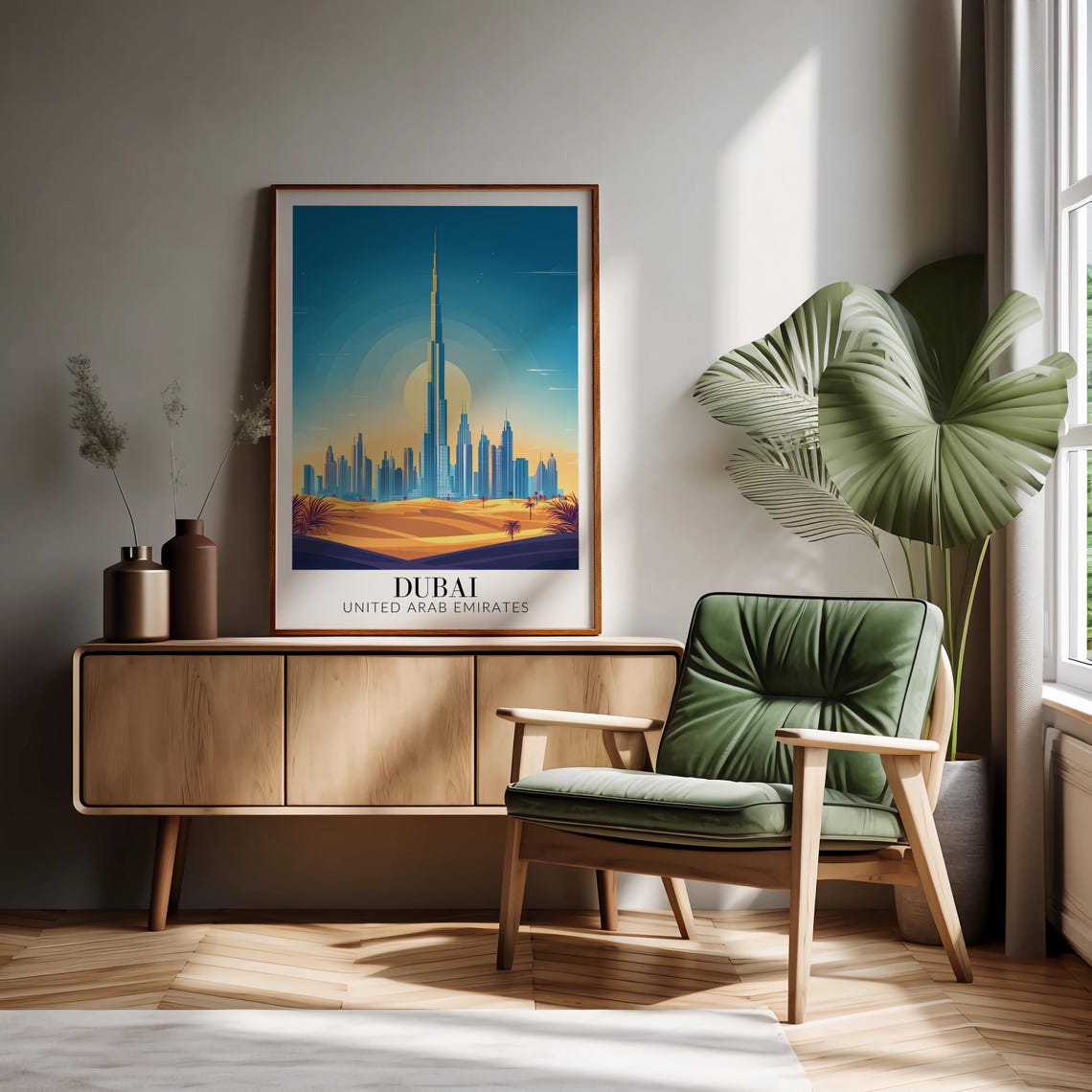Dubai Burj Khalifa Desert Dunes Sunset Skyline Art Travel Poster - Image 2
