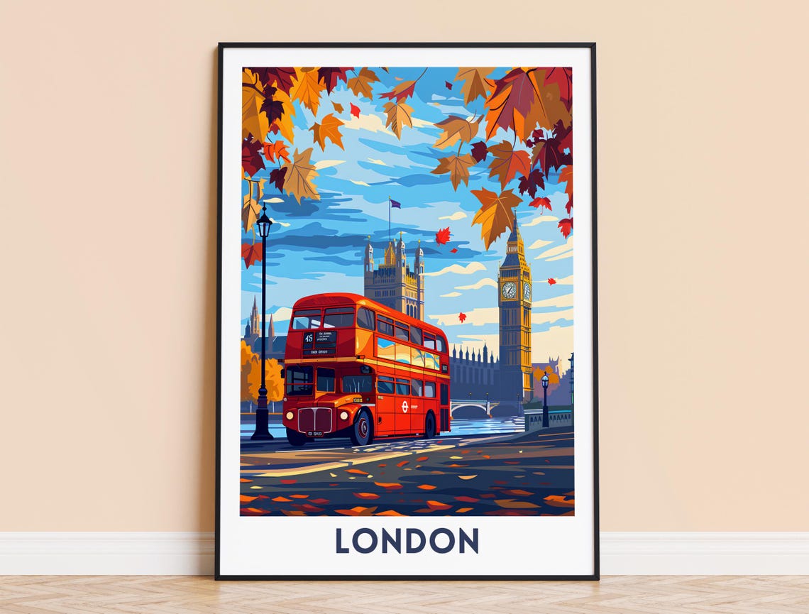 London Red Double Decker Bus Big Ben Autumn Leaves Street Poster