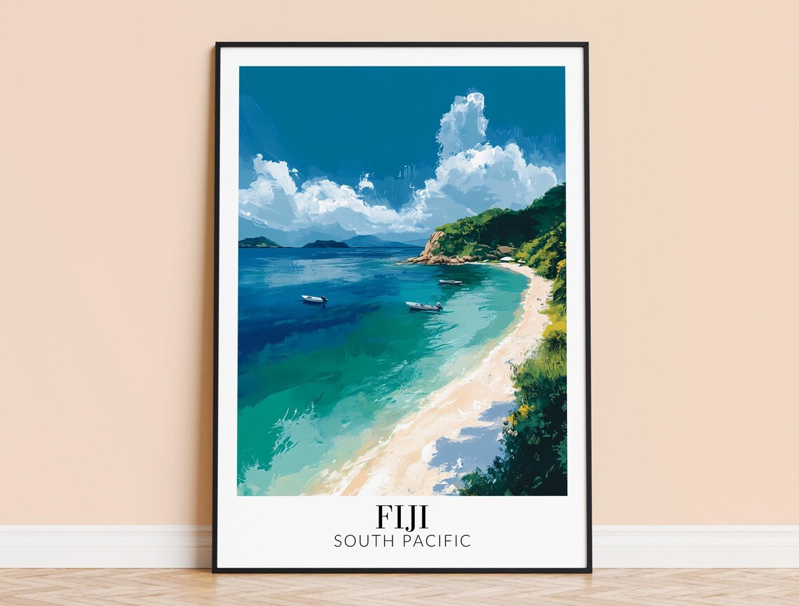Fiji Turquoise Bay Aerial View With Boats South Pacific Travel Poster