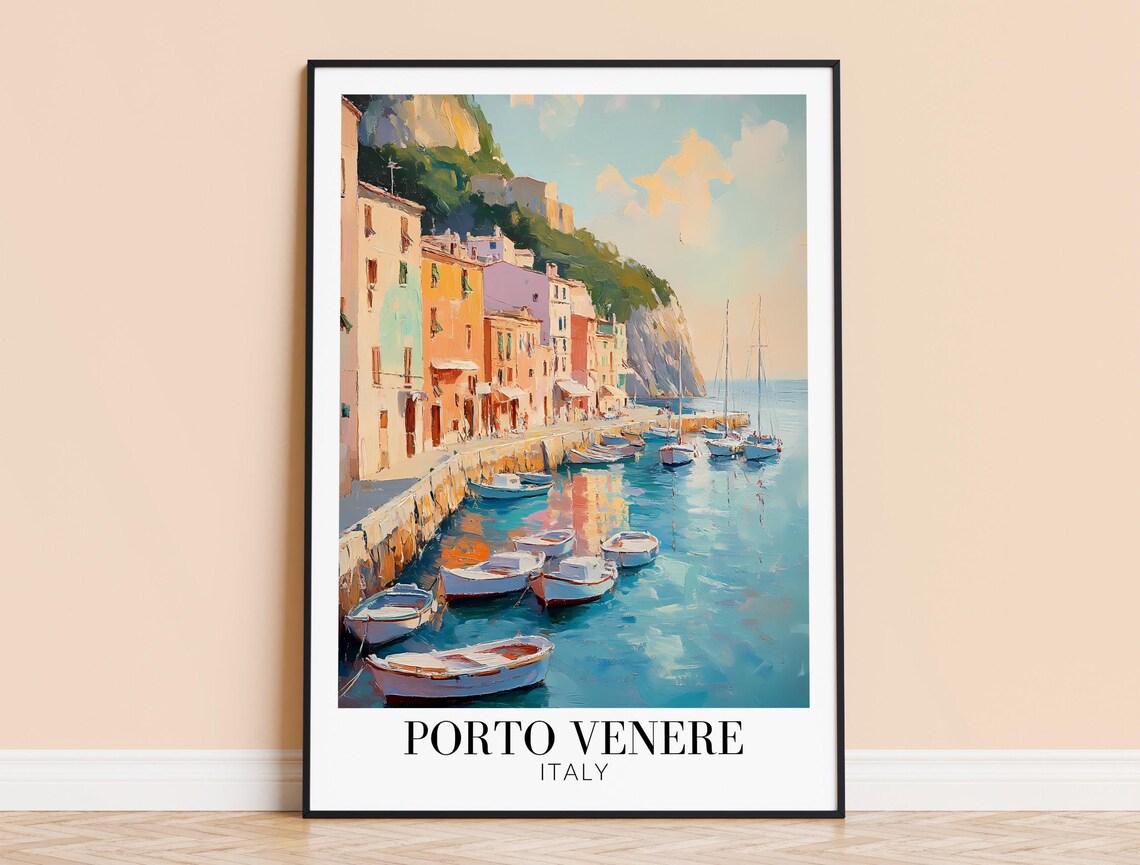 Porto Venere Italy Sunlit Harbor Boats Pastel Houses Travel Poster