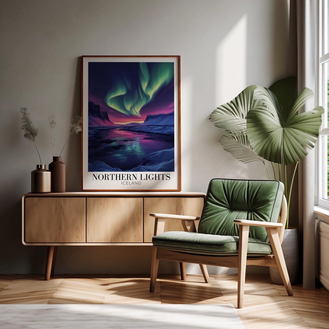 Iceland Northern Lights Aurora Waves Over Rocky Snow Coast Poster - Image 2