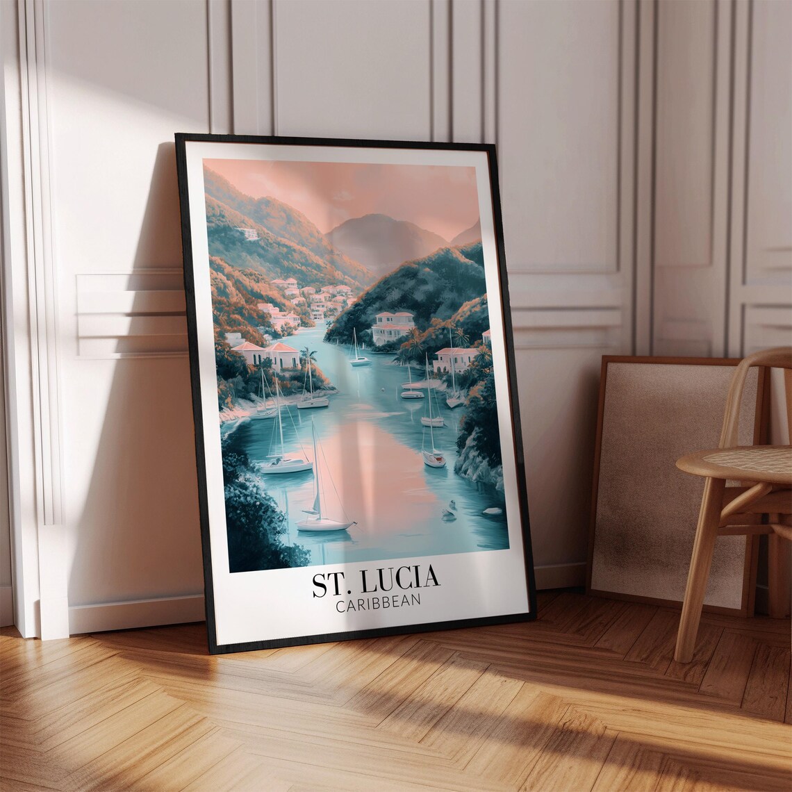 St Lucia Caribbean Pastel Harbor Sailboats Hillside Travel Poster - Image 4