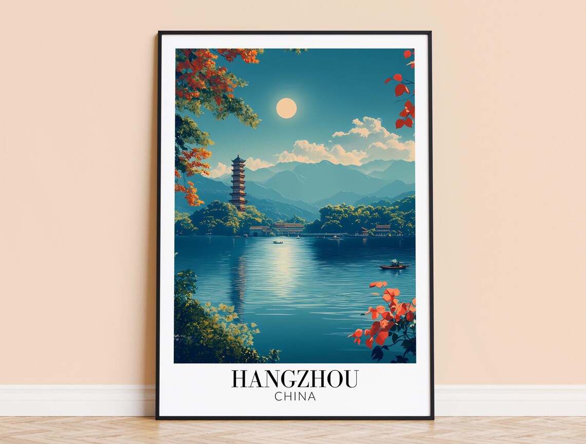 Hangzhou China West Lake Pagoda Moonlit Illustration Travel Poster