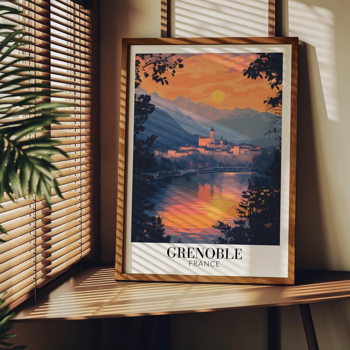 Grenoble Alpine City Isere River Fiery Sunset View Travel Poster - Image 3