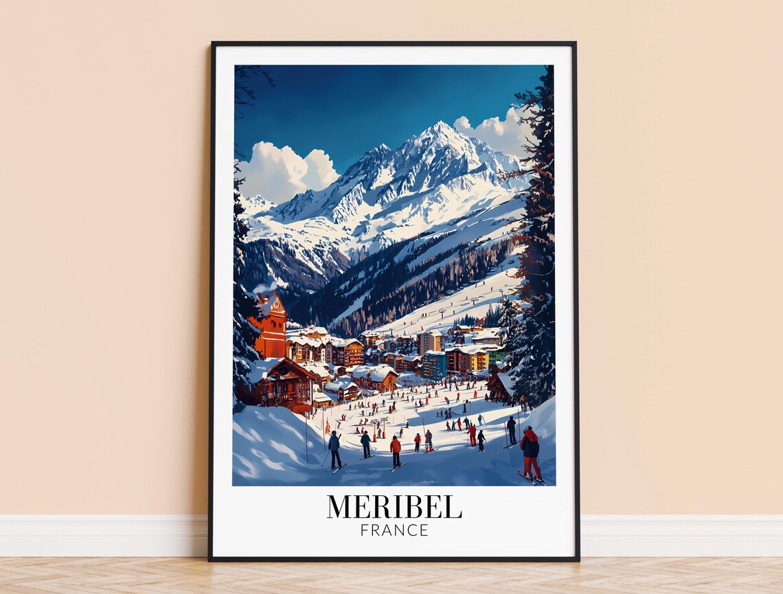 Meribel France Busy Ski Village Under Blue Peaks Travel Poster