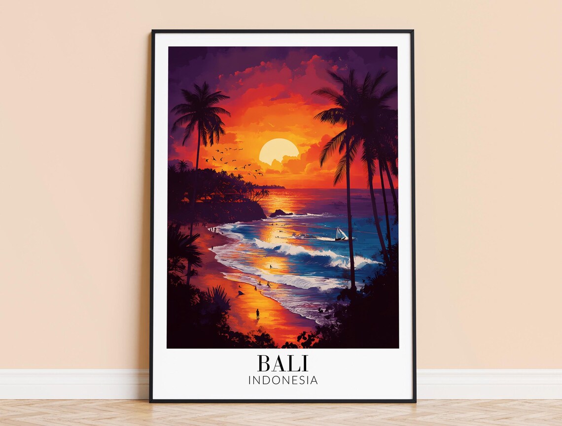 Bali Fiery Sunset Beach Palm Silhouettes Surfers Ocean Poster