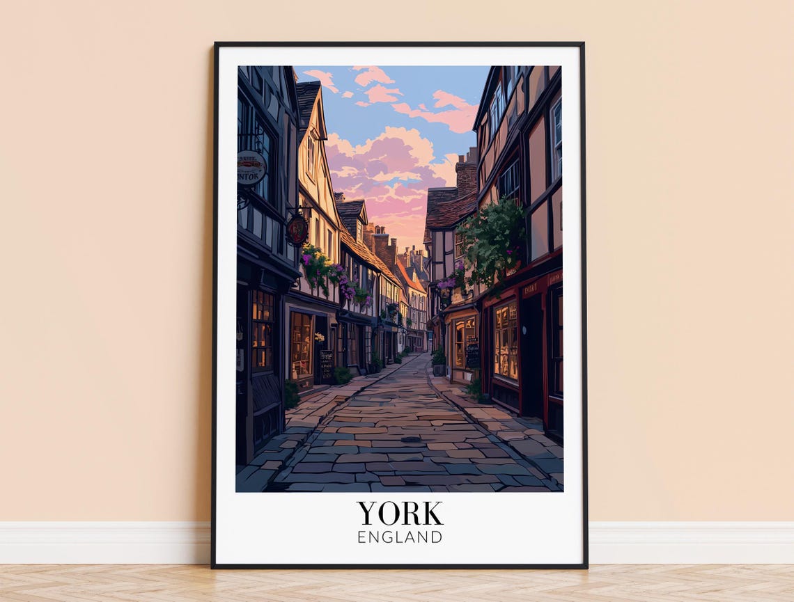 York England Historic Cobblestone Street Sunset Scene Travel Poster