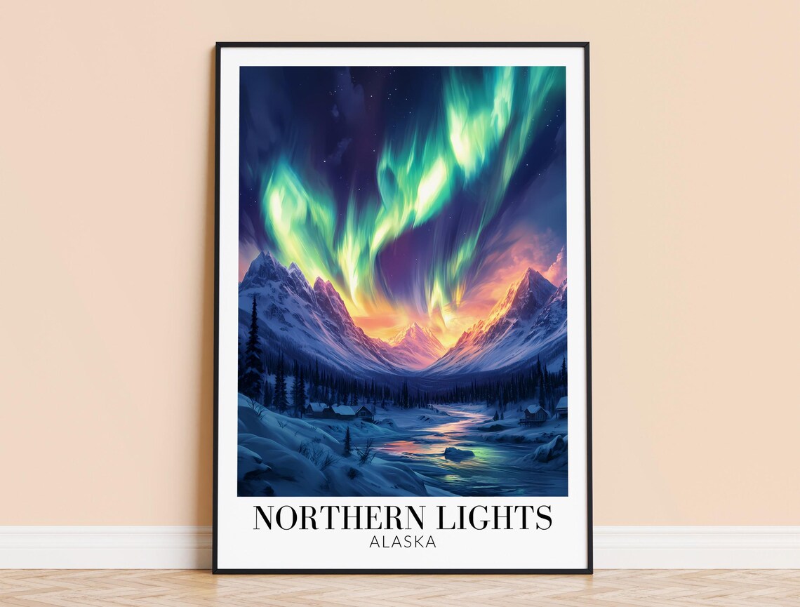 Alaska Northern Lights Aurora Over Snowy Mountain Valley Poster