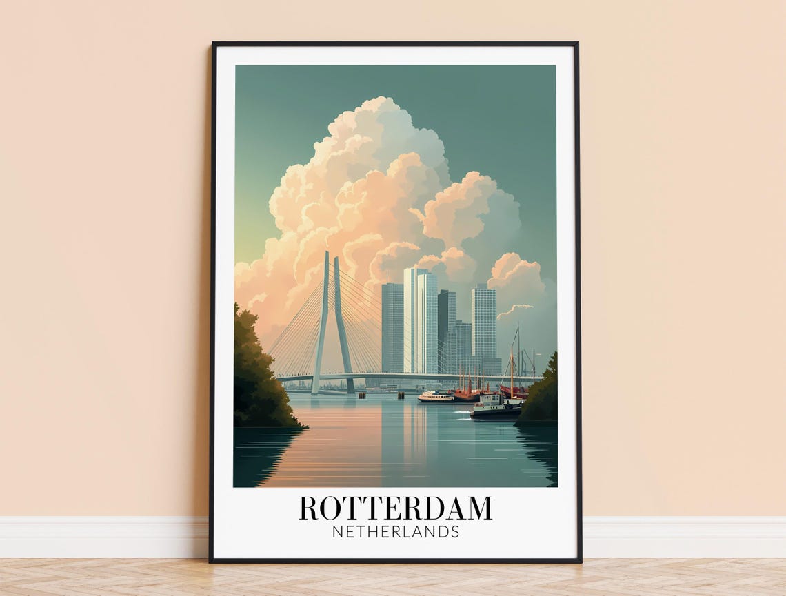 Rotterdam Netherlands Cable-Stayed Bridge Harbor Travel Poster