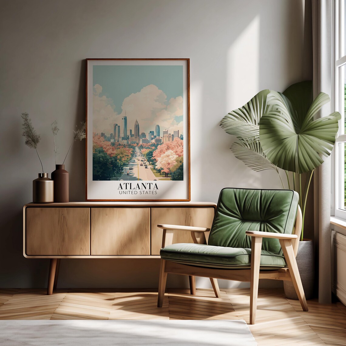 Atlanta Peachtree Street Pink Blossom Daytime Skyline Poster - Image 2